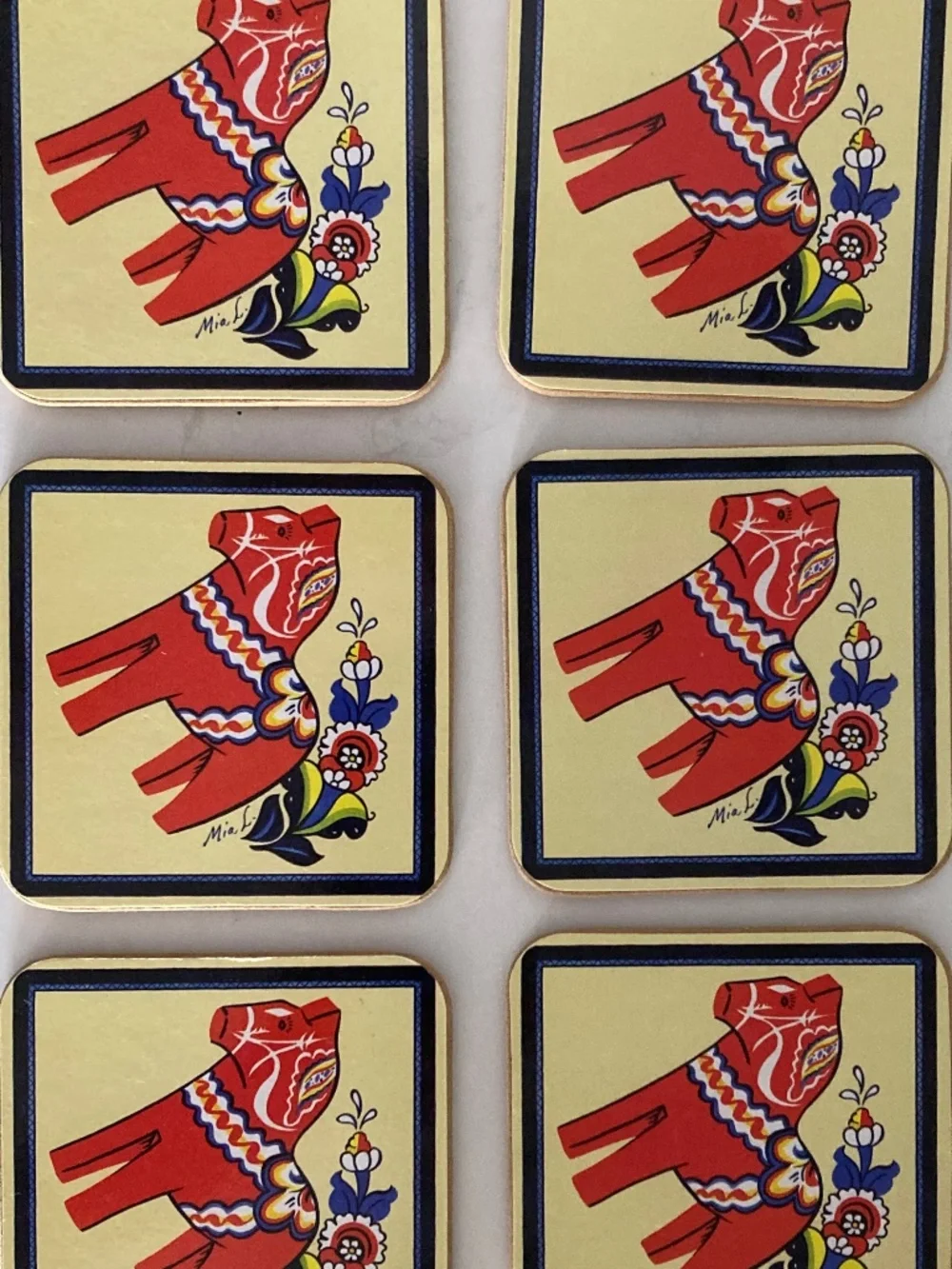 Scandinavian Dala Horse Coasters Set of 6 Cork Back Signed Mia L Swedish EUC